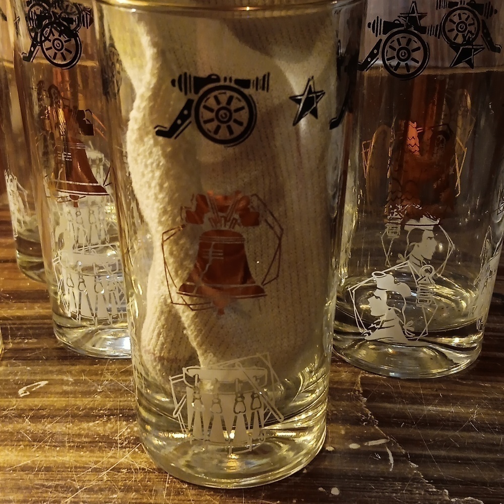 Vintage glasses barware gold trim liberty bell centennial set of 6
